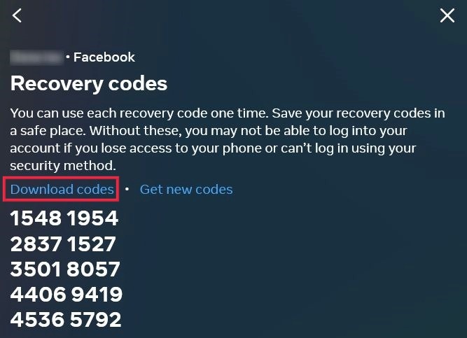 Recovery codes list is generated.