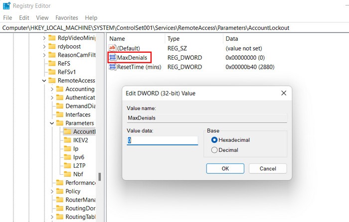 Double clicking on MaxDenials key in Registry Editor.