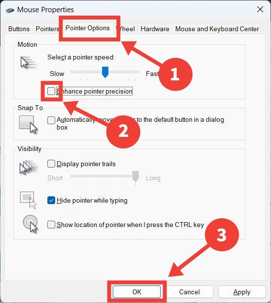The process of turning off "Enhanced Pointer Precision" on Windows.