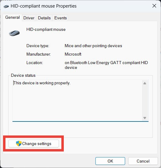 The "Change Settings" button in the settings dialog box for a mouse.