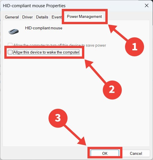 The process of disabling "Allow this device to wake the computer" in the properties dialog box of a mouse.