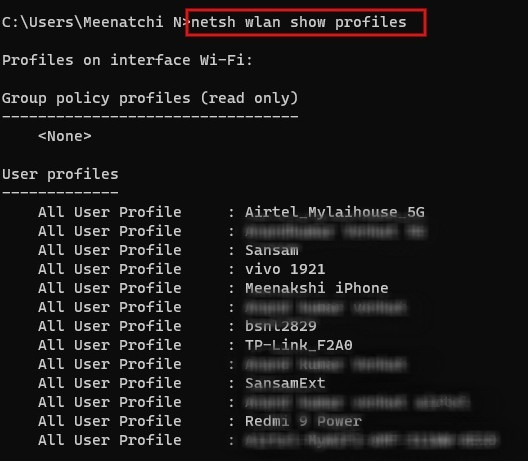 List of WLAN user profiles on your computer. 