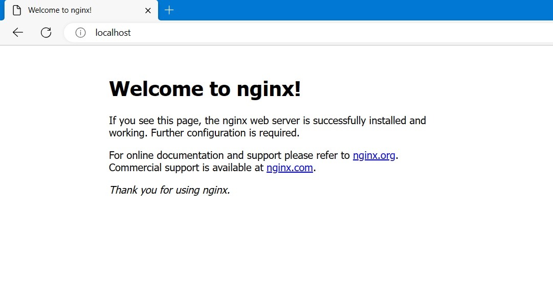 Edge browser in Windows showing Nginx default script after entering "localhost" on the address bar. 