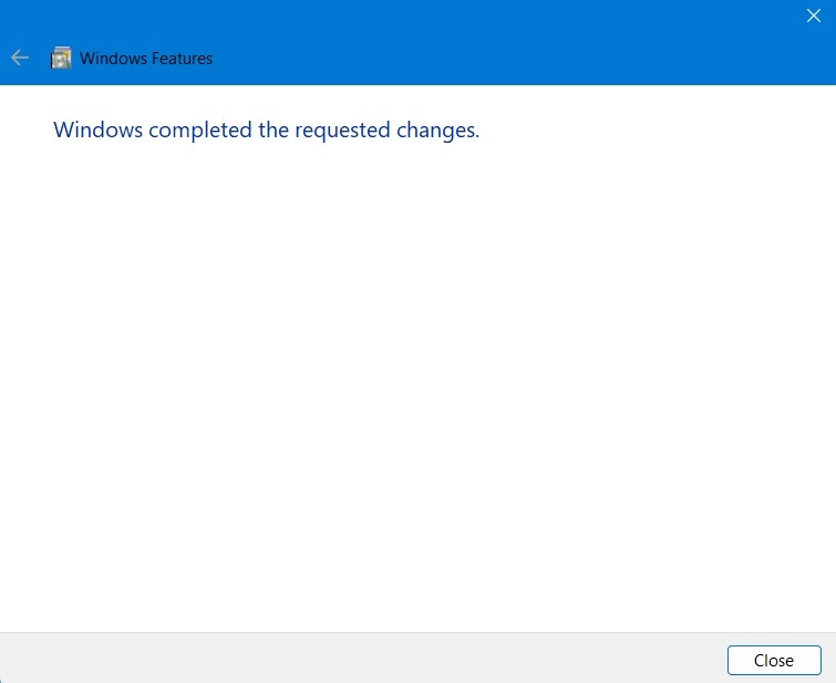Windows completed the requested changes to turn on the required features with IIS Console. 