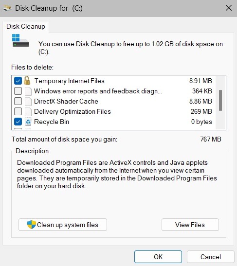 Clicking on "Clean up system files" in Disk Cleanup app. 