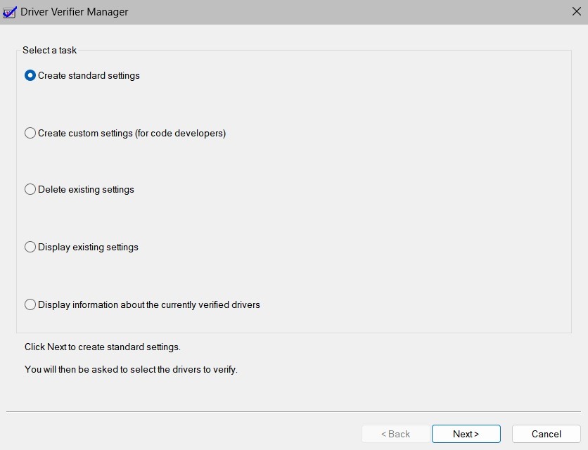 Click on "Create standard settings" inside the Driver Verifier Manager window.