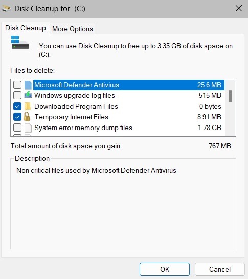 Selecting files to delete in Disk Cleanup. 