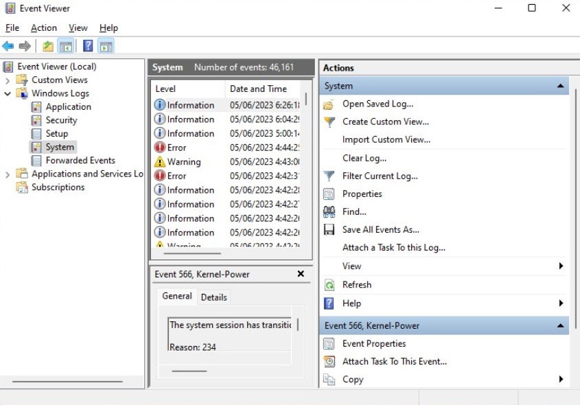 Viewing all System events in Event Viewer.
