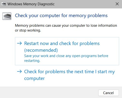 Selecting between two options in Windows Memory Diagnostic window.