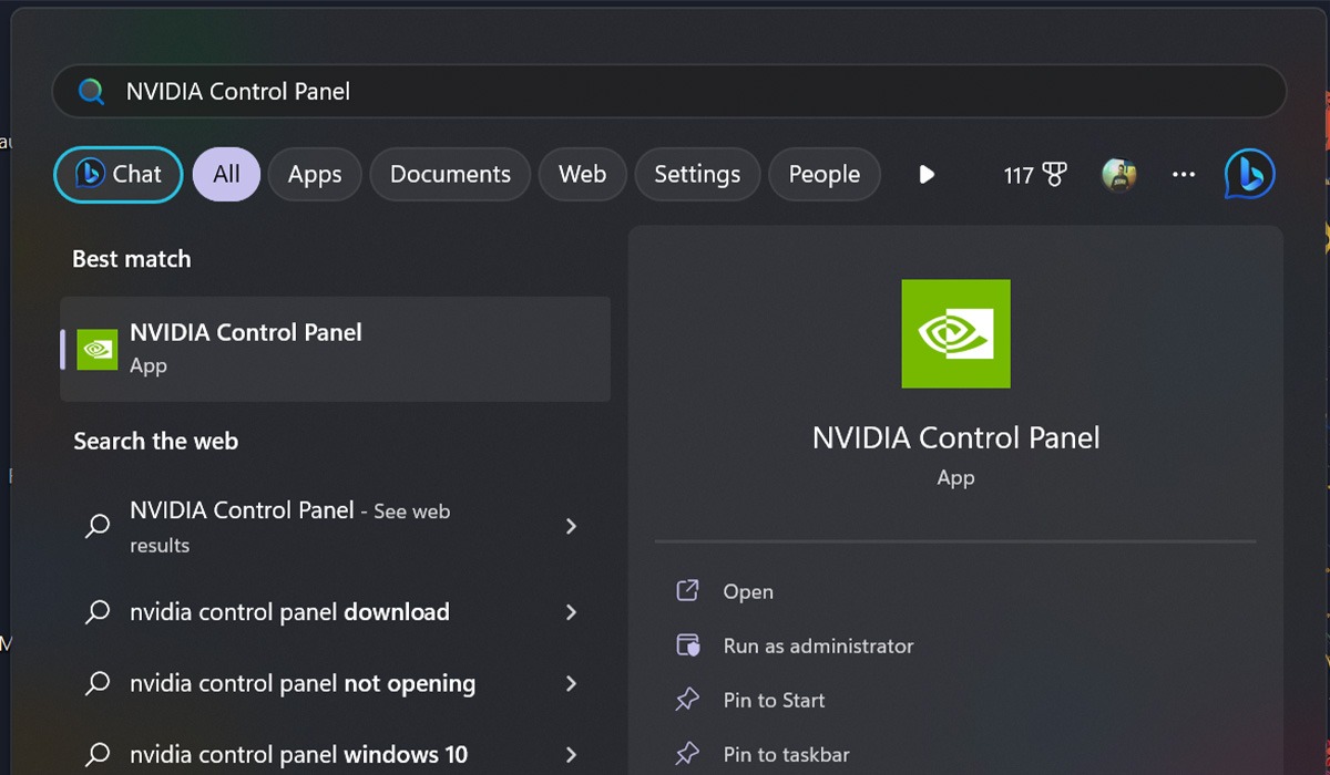 Typing "NVIDIA Control Panel" in Windows Search. 