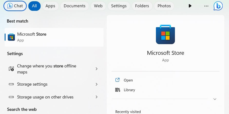 Opening Microsoft Store via Windows Search.