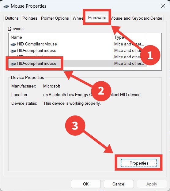 The process of opening the settings of a mouse in the Mouse Properties dialog box.