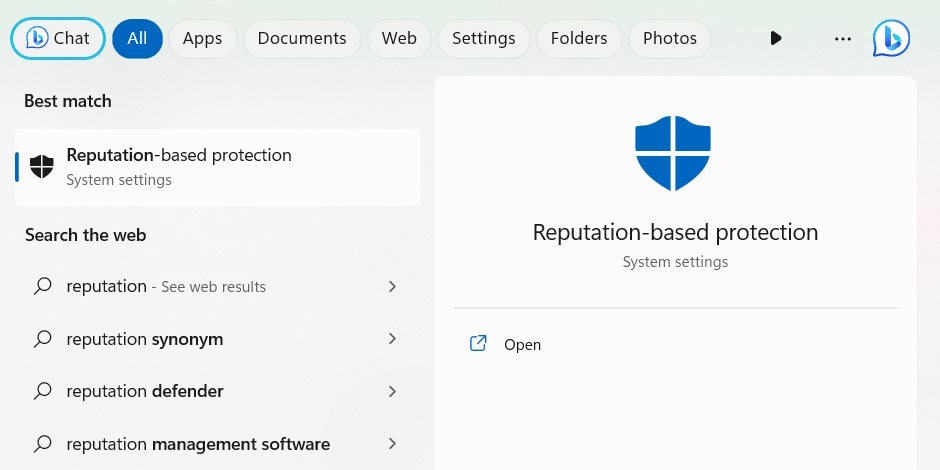Opening "Reputation-based protection" using Windows Search.