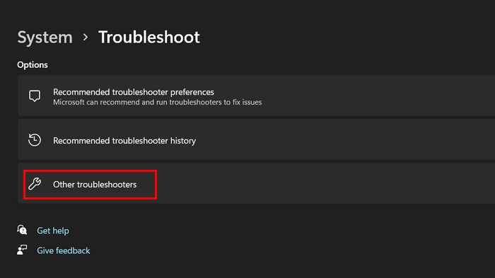 Clicking on "Other troubleshooters" in Settings. 