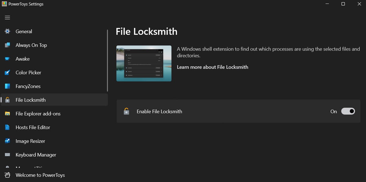 Clicking on "File Locksmith" option in PowerToys app. 