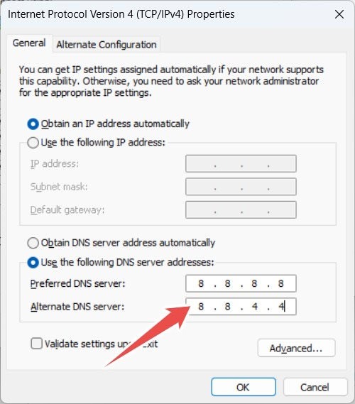 Setting Alternate DNS to 8844