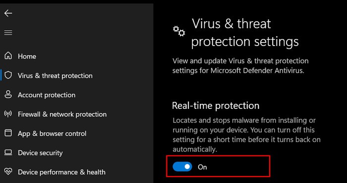 Disabling "Real-time protection" option under Virus & threat protection settings in Windows Security. 