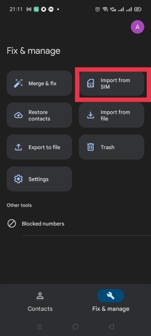 Clicking on "Import from SIM" in Google Contacts app. 