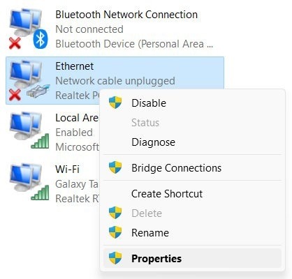 Right-clicking on Ethernet connection.