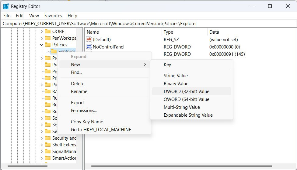 Creating the NoClose value in the Registry Editor.