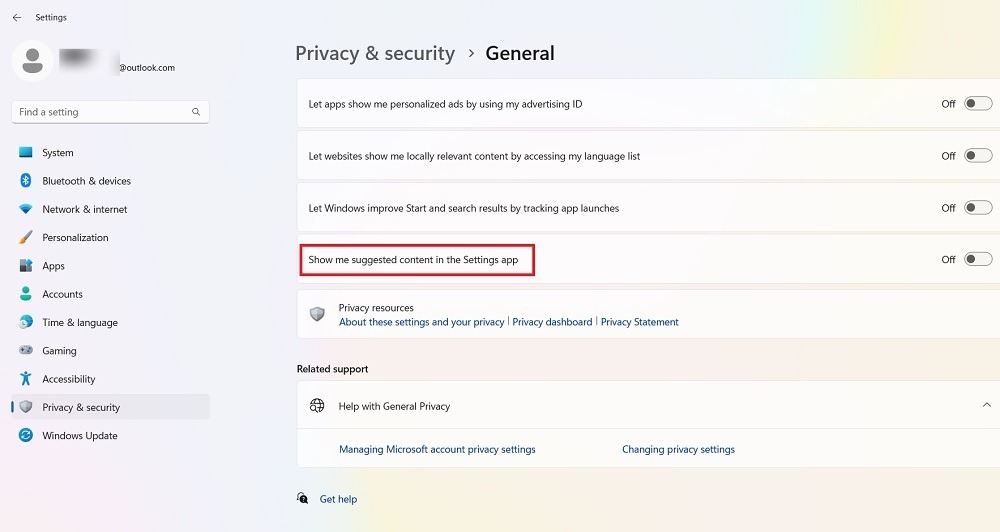 Turn content suggestions off in Windows 11 Settings from Privacy & Security. 