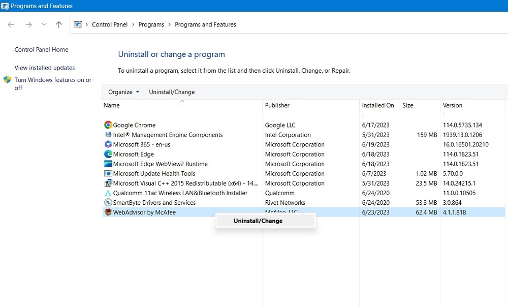 Uninstall a program from Control Panel.