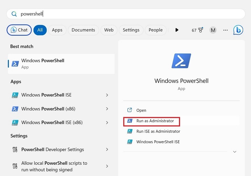 Typing "powershell" in Windows Search. 