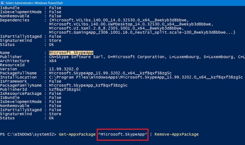Using Get-AppxPackage to remove Skype in Powershell. 