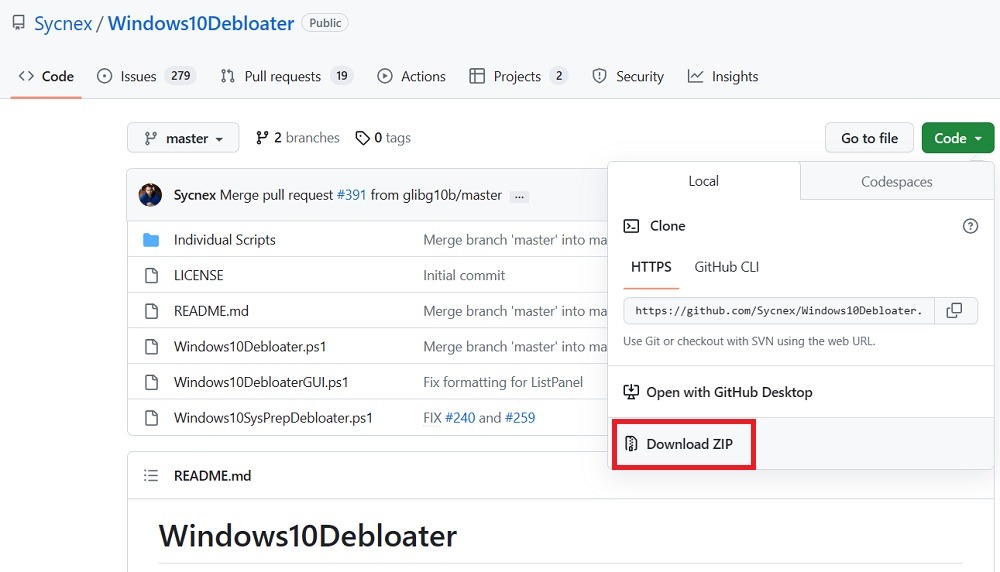 Download ZIP file from official GitHub website of Windows10Debloater. 