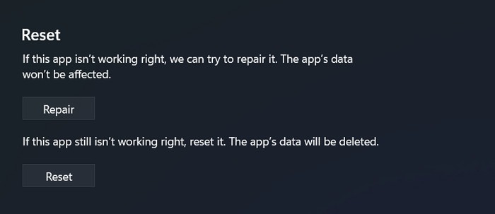 Clicking on either "Repair" or "Reset" button in App list.