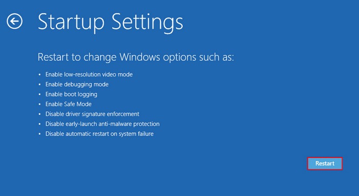 Clicking "Restart" button from Startup Settings.