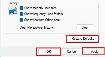 Click "three dot" icon in file explorer and click "Options" followed by "Restore Defaults"