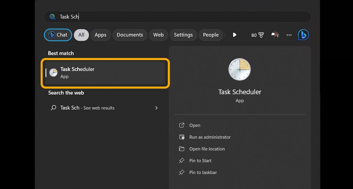 Launching Task Scheduler from Windows Search. 