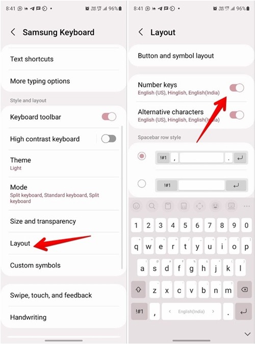 Enabling "Number keys" option under "Layout" in Samsung Keyboard Settings. 