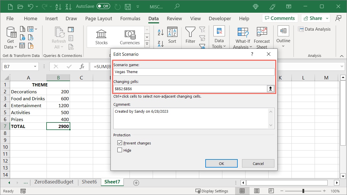 Second Scenario setup in Excel