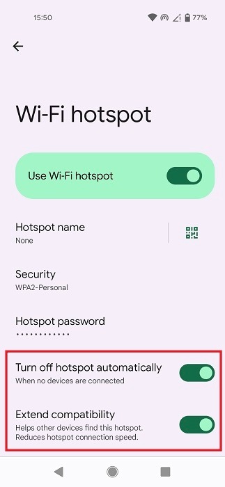 Optional features under Wi-Fi hotspot including "Turn off hotspot automatically" or "Extend compatibility."