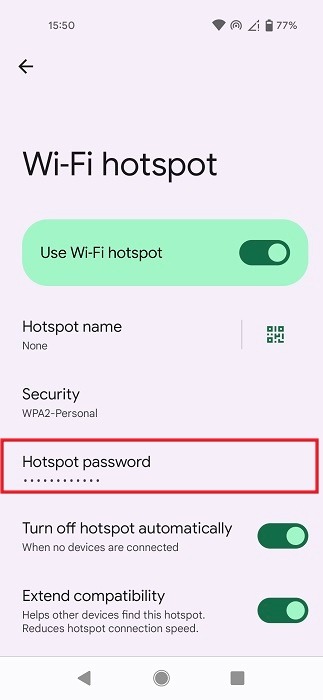 Tapping on "Hotspot password" option. 
