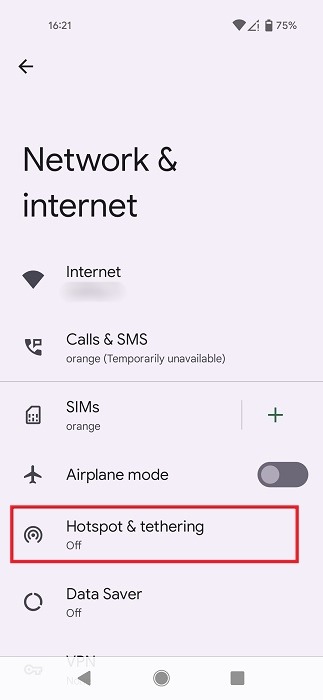 Selecting "Hotspot & tethering" option in Android Settings.