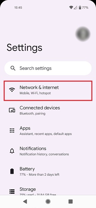 Clicking on "Network & Internet" option in Android Settings.