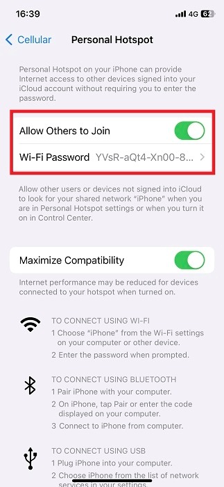 Wi-Fi password autogenerated for hotspot on iOS.