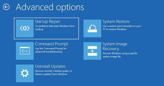 Clicking on "Startup Repair" under Advanced Options.