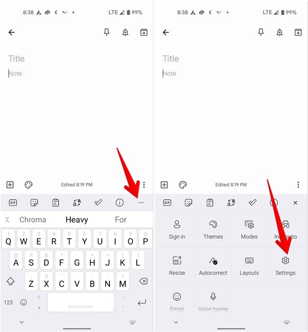 Clicking on Settings icon in SwiftKey settings. 