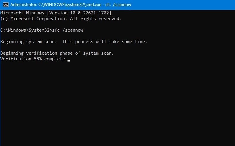 SFC begins verification in Command Prompt window (Admin mode)