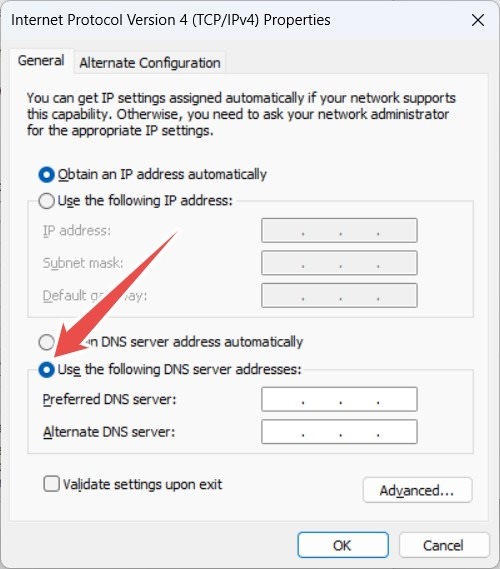 Selecting "Use the following DNS server addresses" option in Internet Protocol Version 4. 