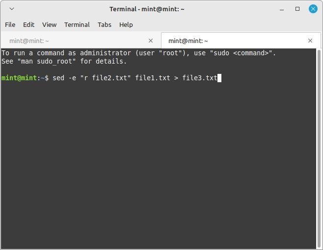 Terminal Sed Concatenate File1 Txt And File2 Txt