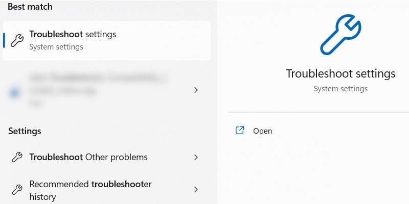 The "Troubleshoot settings" option in Windows Search on Windows 11.