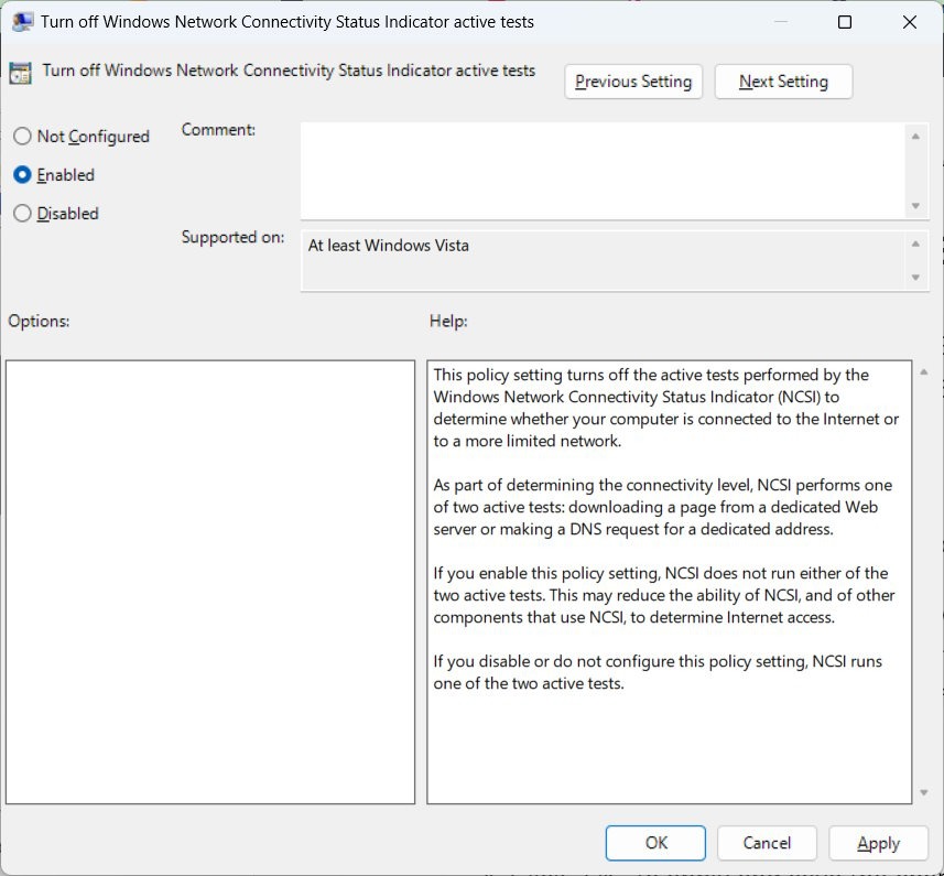 Editing the "Turn off Windows Network Connectivity Status Indicator active tests" policy