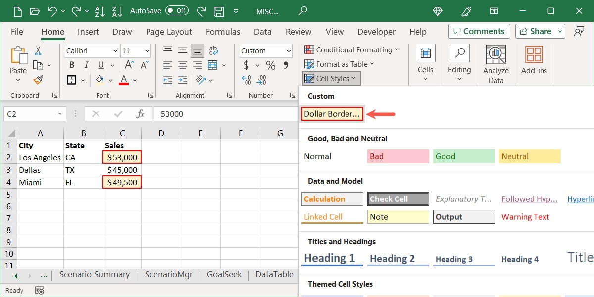Custom Style in the Excel Cell Styles menu