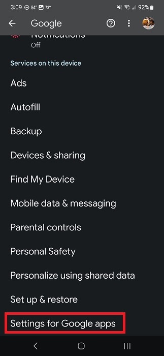 Selecting "Settings for Google apps" in Android Settings.