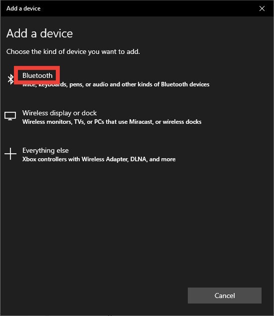 The Windows 10 Add a device Wizard, with the Bluetooth option highlighted.